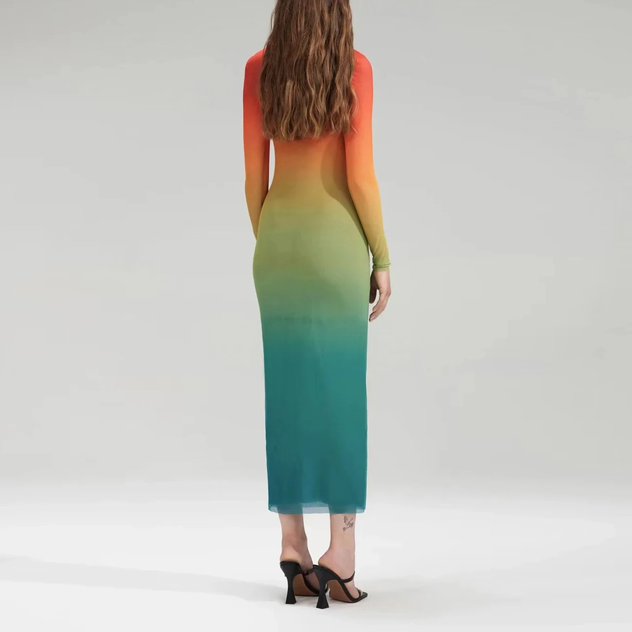 

EVACANDIS New Women Gradient Slim Sexy Long Dress O-Neck Long Sleeve Fashion Midi Dress