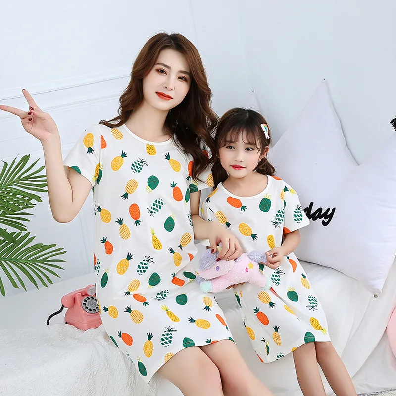 

Fashion Summer Girls Nightgown Pajamas Kids Short Sleeved Nightdress Cute 100% Cotton Child Baby Sleeping Dress 6 8 12 14 Years