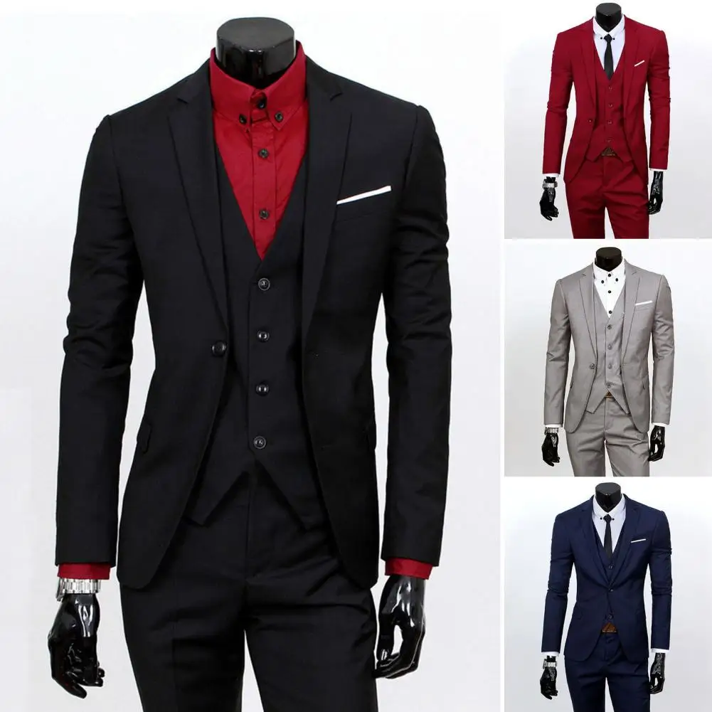 

3 Pcs/Set Business Suit 3 Piece Set Slim Fit Zipper Long-sleeve Coat Straight Trousers Solid Color Men Formal Suit for Wedding