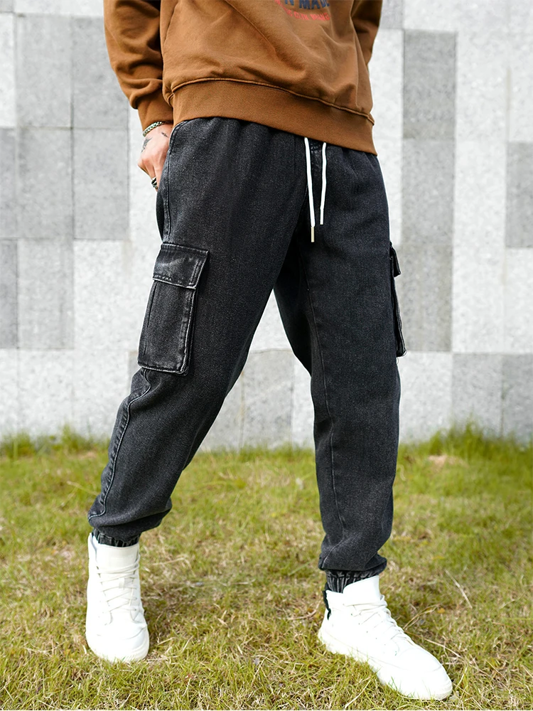 Men's dark gray cargo pants, fashionable street cuffed - bottom cargo pants, minimalist trendy men's jeans 4