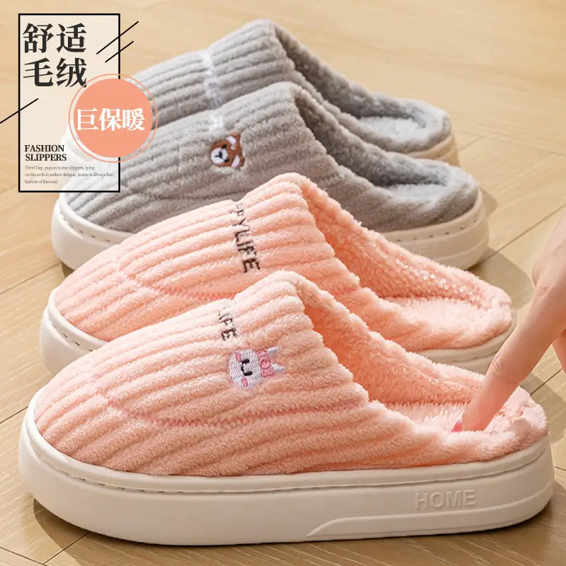 Winter Plush Slippers for Women & Men - Thick Sole Couple House Shoes, Warm Fleece-Lined Indoor Slides with Non-Slip Sole - Image 2
