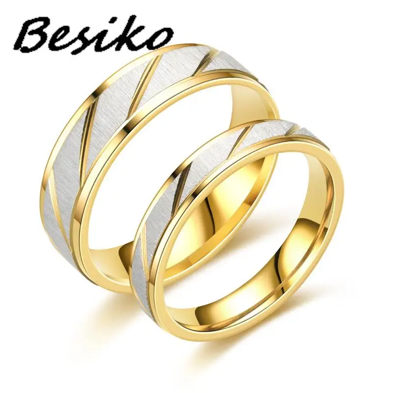 Besiko Lovers Couple Stainless Steel Rings Gold Wave Pattern Wedding ...