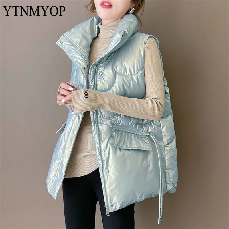 

Глянцевый жилет, Женская куртка с воротником-стойкой, модная Короткая Безрукавка большого размера, осенне-зимняя одежда, безрукавки YTNMYOP