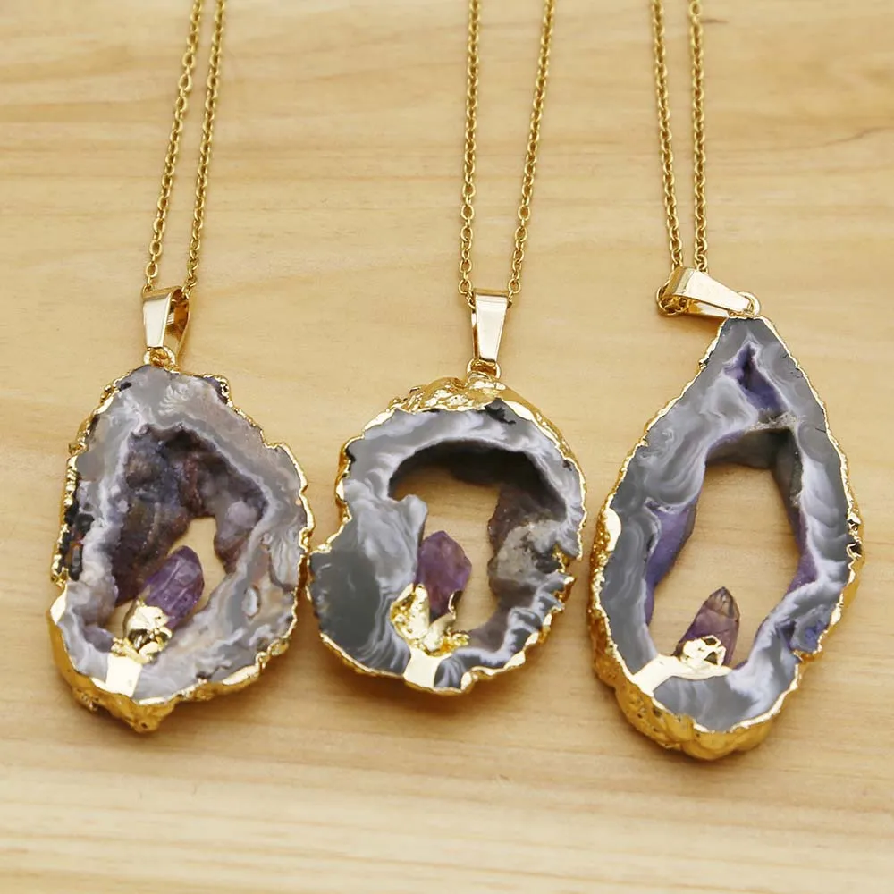 New Natural Stone Agate Druzy Amethyst Necklace Irregular Onyx Quartz Crystal Pendant Fashion DIY Jewelry Making Accessories4Pcs