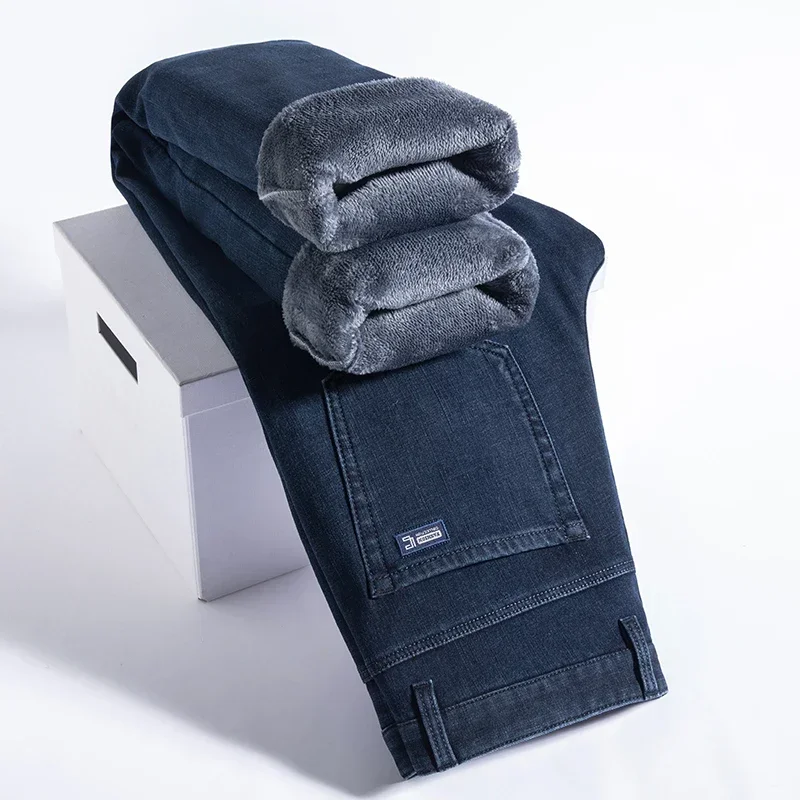 

3 Color Straight Fleece Jeans Men Winter Warm Fashion Casual Baggy Classic Style Solid Color Denim Trousers Male Brand Clothing