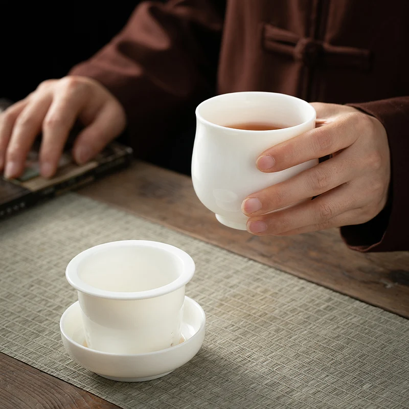 Chinese Style Tea Filtering and Separation Cups, With Cover White Porcelain Personal Mug, Home Drinkware Ceramic Office Cup, 1Pc