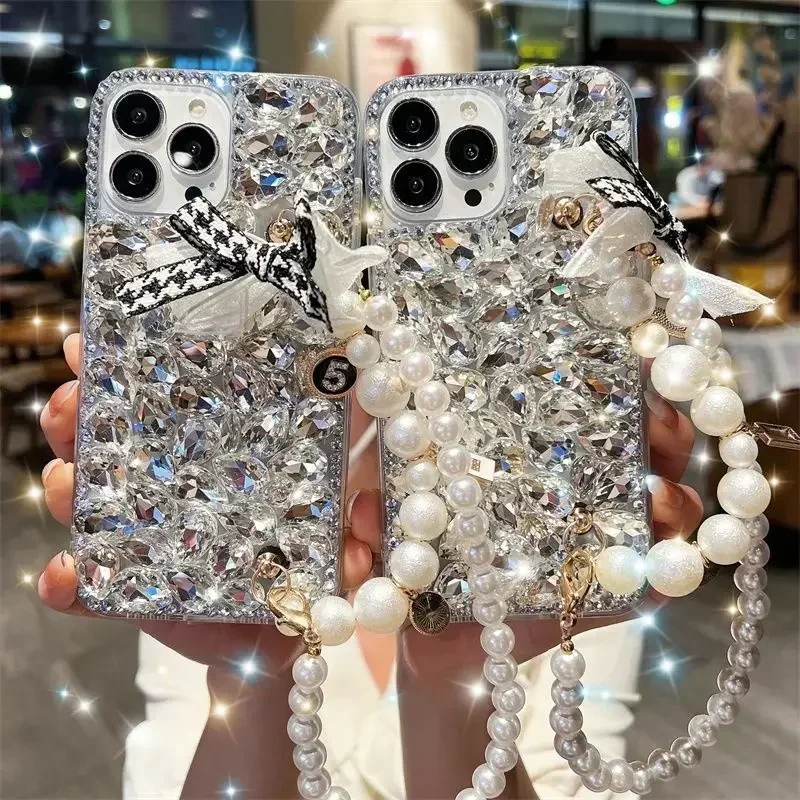 

Glittering Diamond Pearl Wrist Strap Phone Case for Samsung Galaxy S21 S23 FE S22 24Ultra Note 20