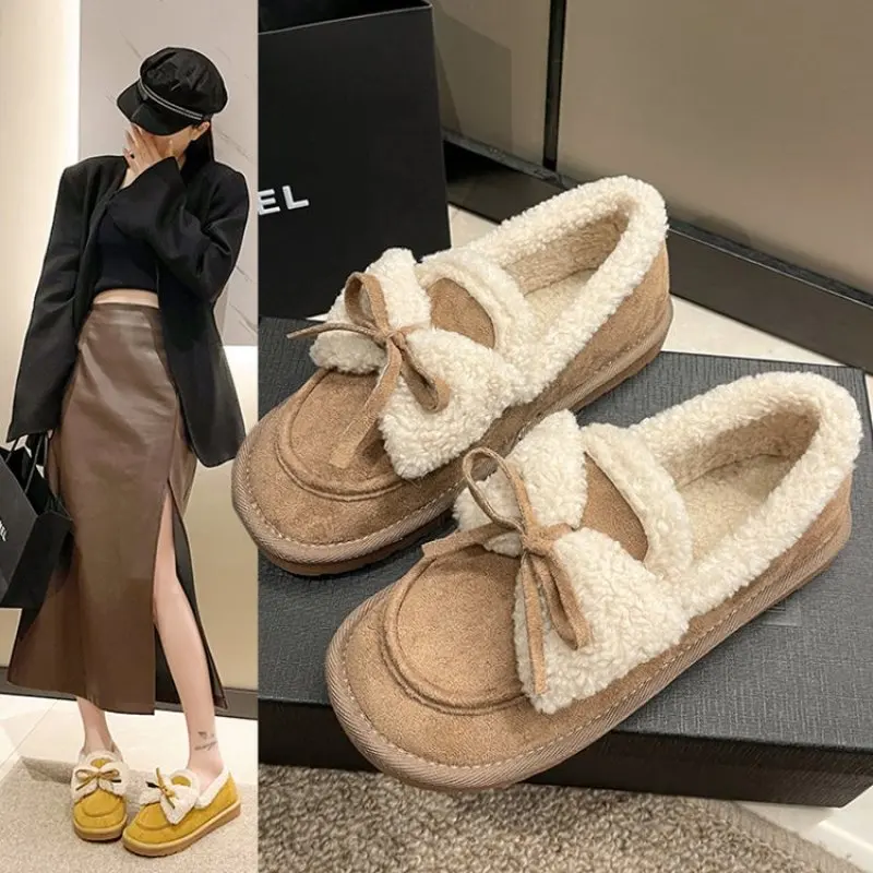 Women Shoes Autumn Casual Female Sneakers Loafers Fur Slip-on Bow-Knot Round Toe Fall 2024 Slip On Winter Butterfly Flattie New