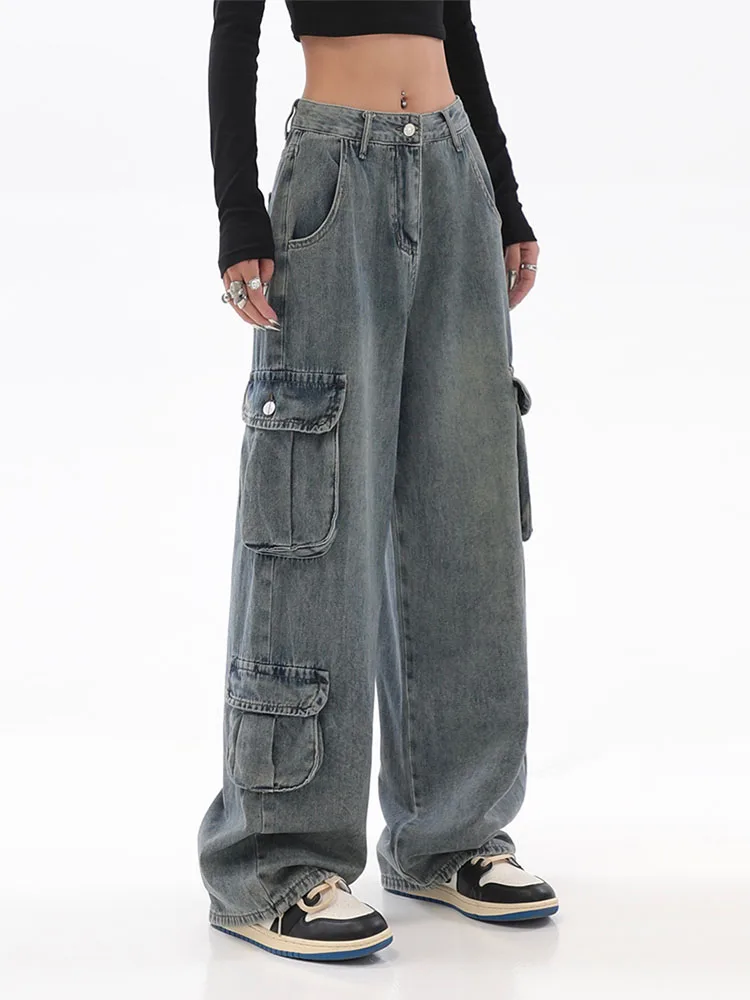 

Blue Cargo Pants Women Casual Hippie Denim Trousers Baggy Low Waist Mom Jeans Women Vintage Y2k 90s Grunge Streetwear Tide 2022