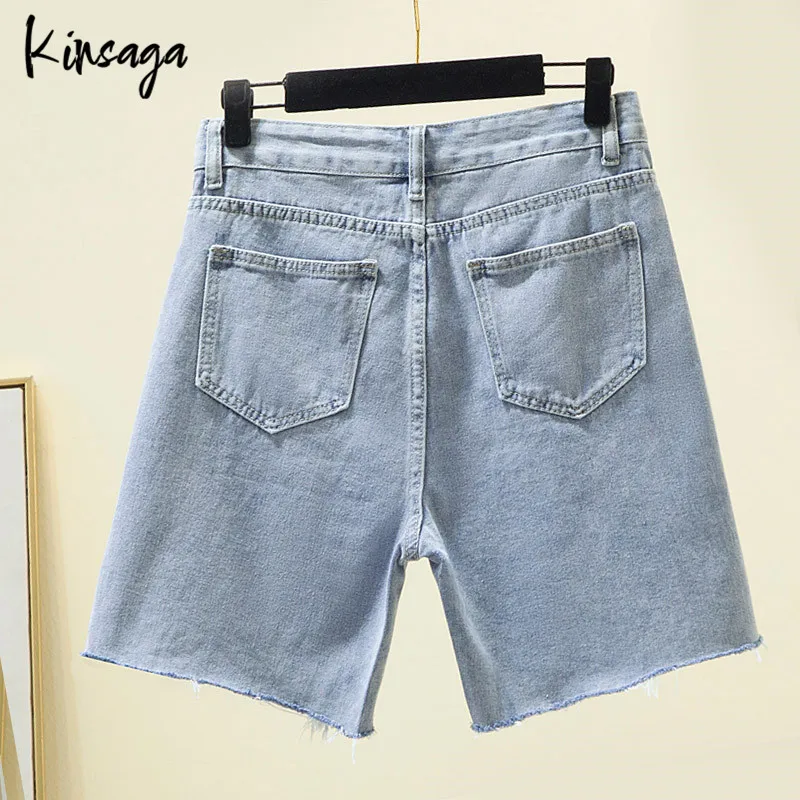 Korean Fray Ripped Hole Fifth Short Jeans Female Basic Simple Straight Leg Denim Pants Street Casual Knee Length Shorts Trousers