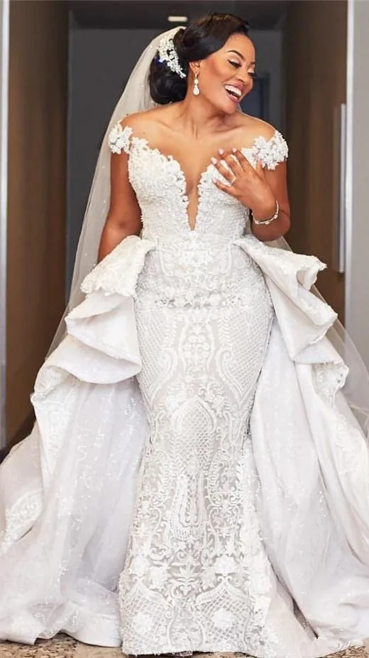 

Elegant Women Off Shoulder Lace Applique Bridal Gowns Detachable Long Train Beaded Mermaid Wedding Dresses