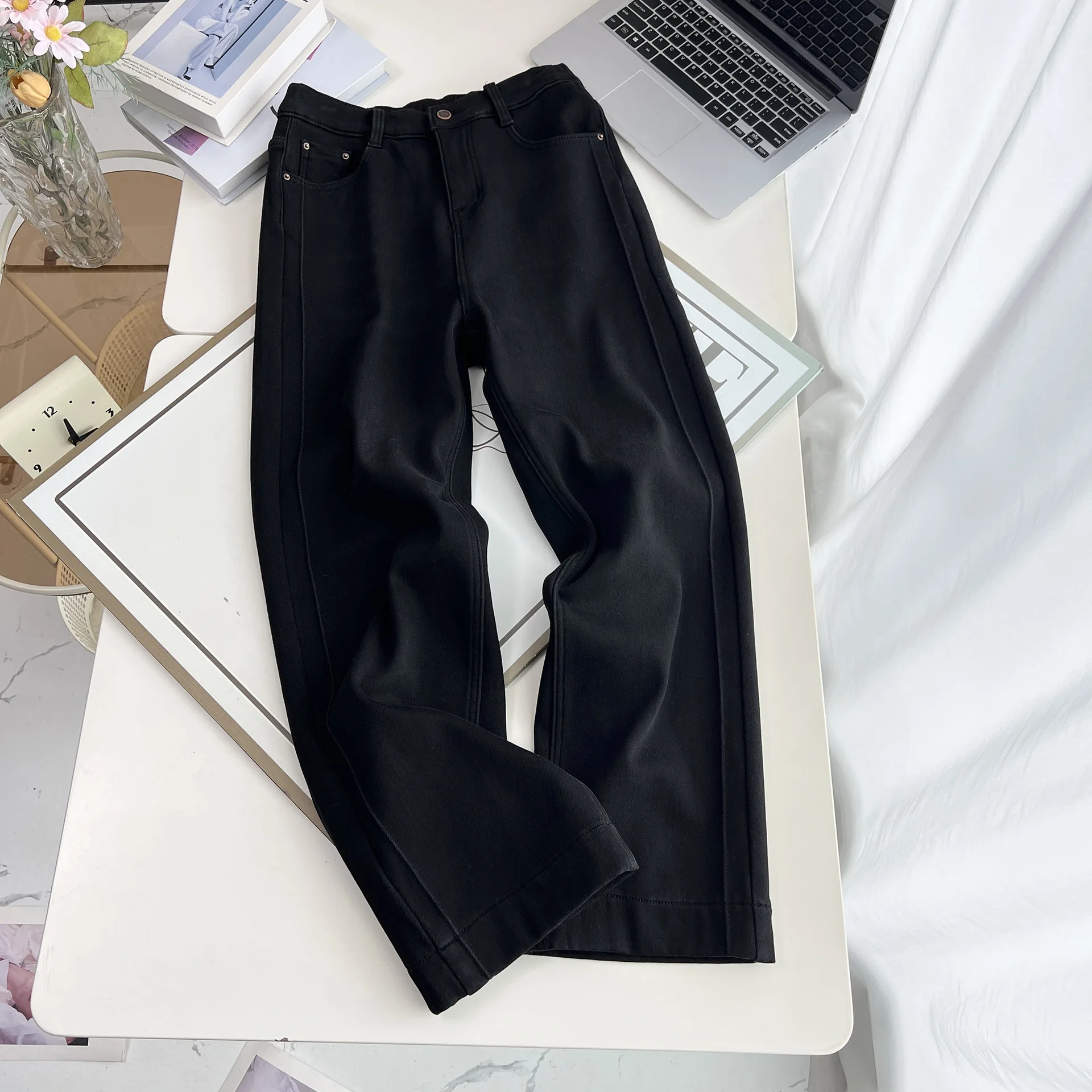 Fashion Plus Size Women's Jeans Winter Simple Fleece And Thickened Denim Straight Leg Pants Side Splicing Long Trousers 8661