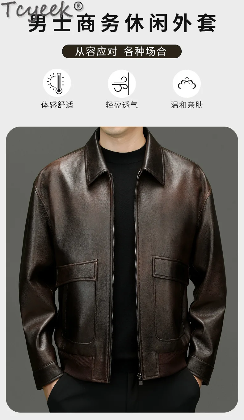 Tcyeek Genuine Goatskin Leather Jacket Front View