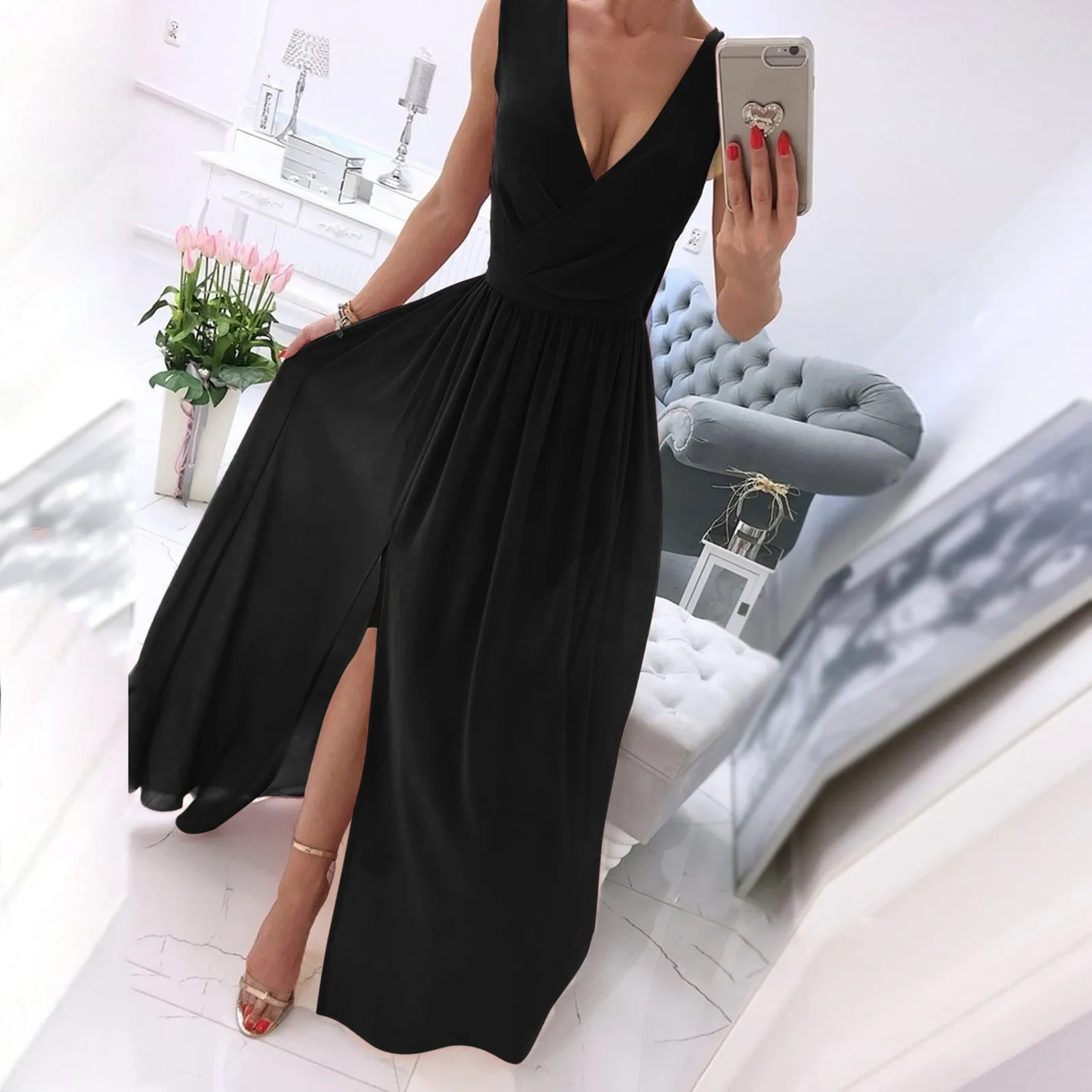 

Women's Casual Dresses Fashion Solid Color Sleeveless V Neck Side Slit A-Line White Dress Vintage Slim Ruched Party Prom Dress