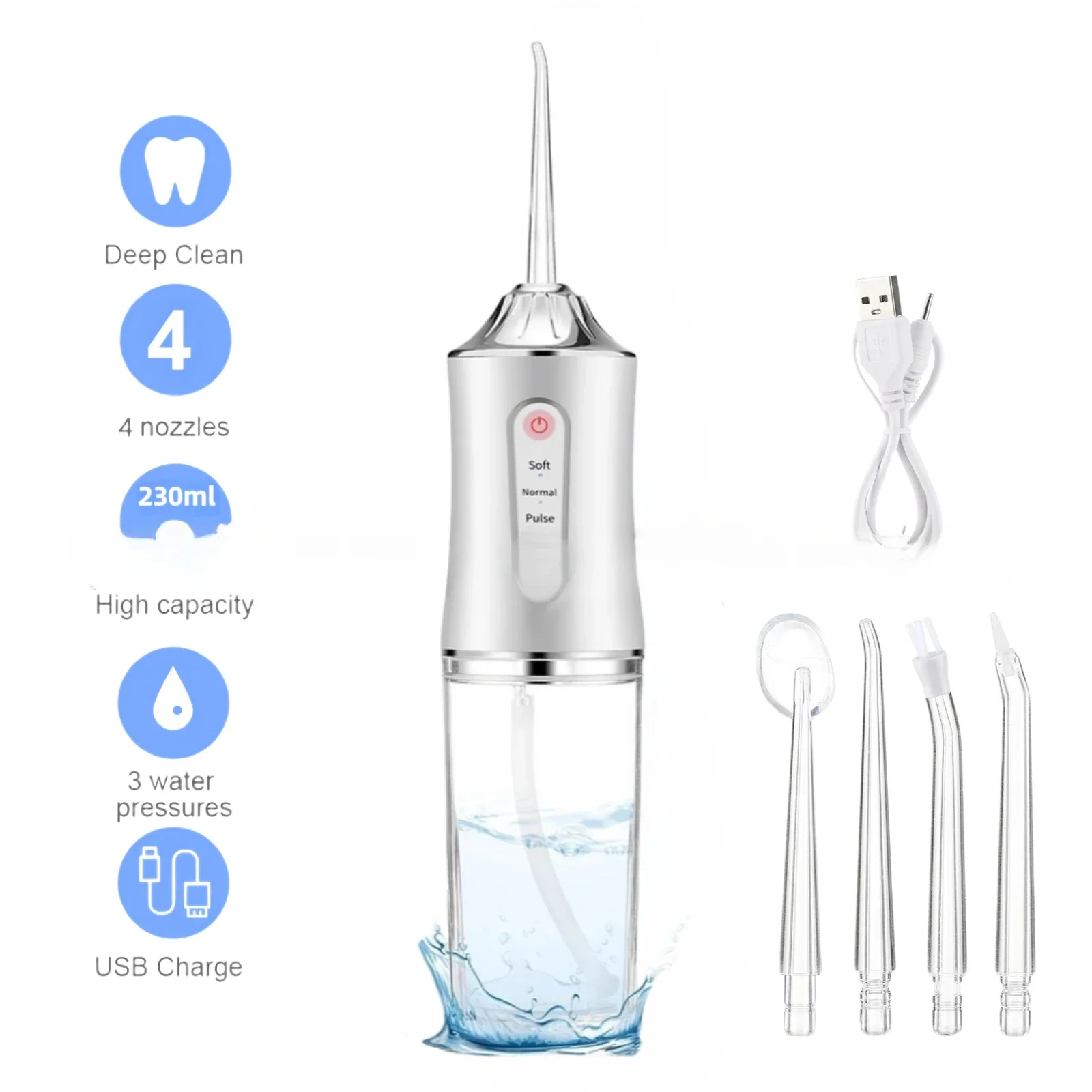 Portable Dental Water Flosser Kit with 4 Tips and USB Rechargeable