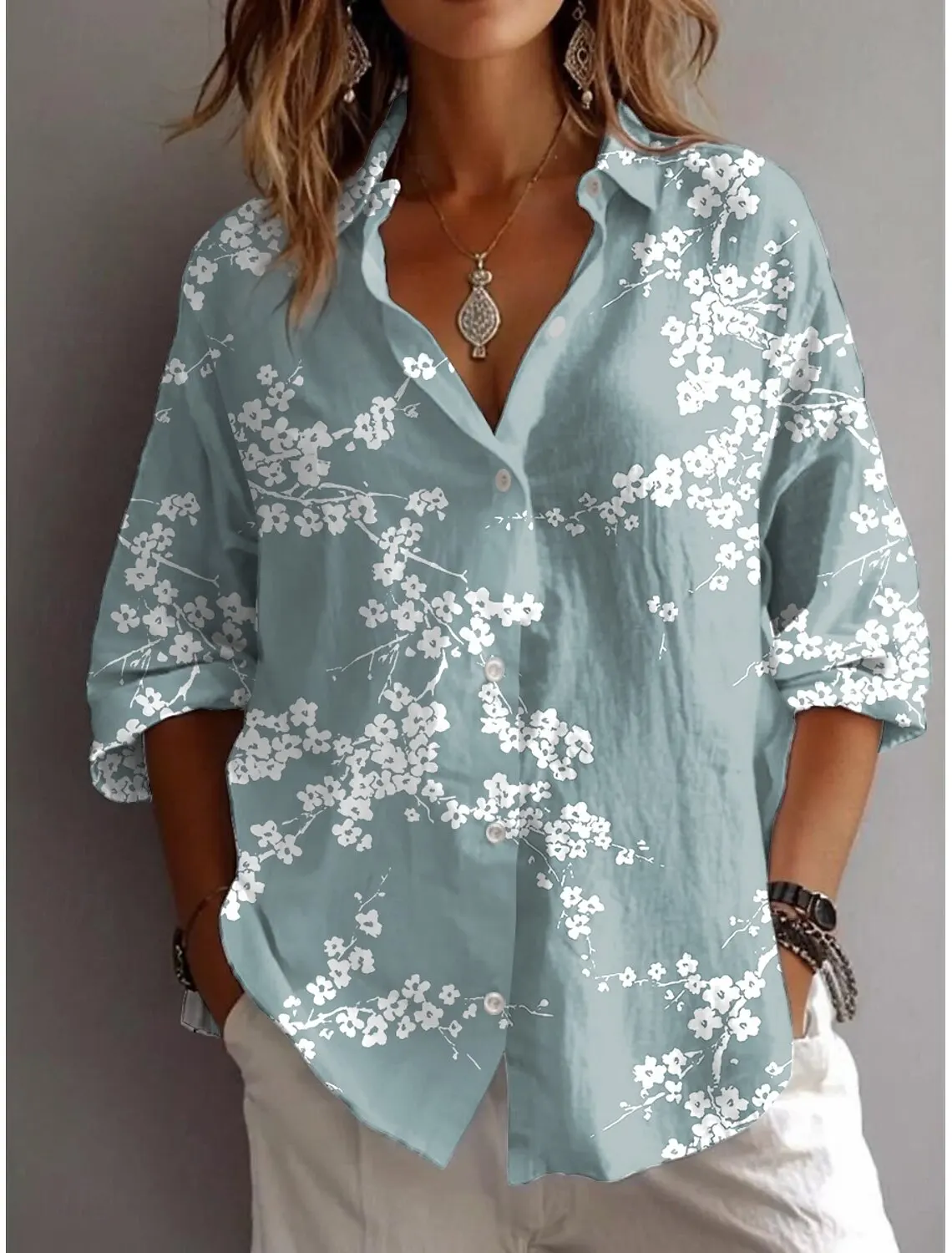Summer Women's Shirt Flower Active Stylish Blouse Lapel Neck Blouse Women's Long Sleeve Shirts Womens Clothing Female Clothing