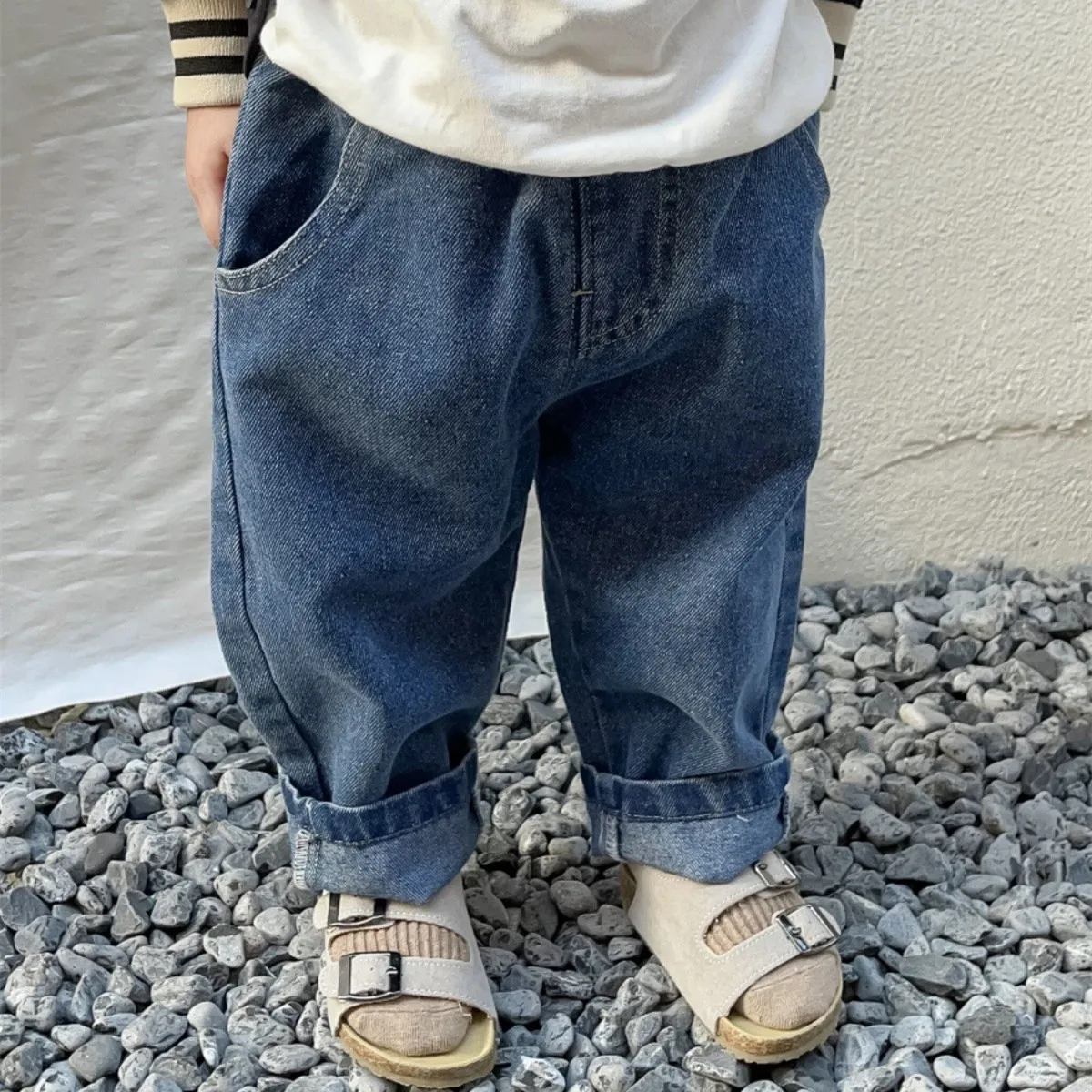 2024 Spring Baby Pants Solid Color Kids Jeans Fashion Boys Casual Pants Girls Loose All-match Trousers