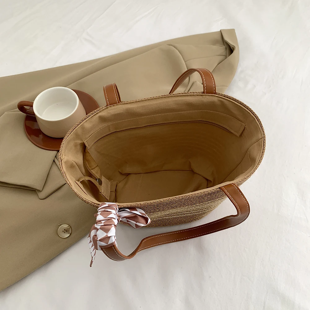 Women Crochet Beach Handbag with Bow Weaving Striped Handbag Large Capacity Retro Straw Handbag Ladies Summer Daily Bag