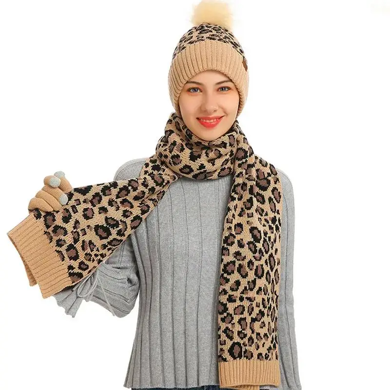 

Зимняя шапка шарф перчатки милый Леопардовый принт вязаные зимние наборы плотные теплые перчатки зимние для бега катания на лыжах кемпинга
