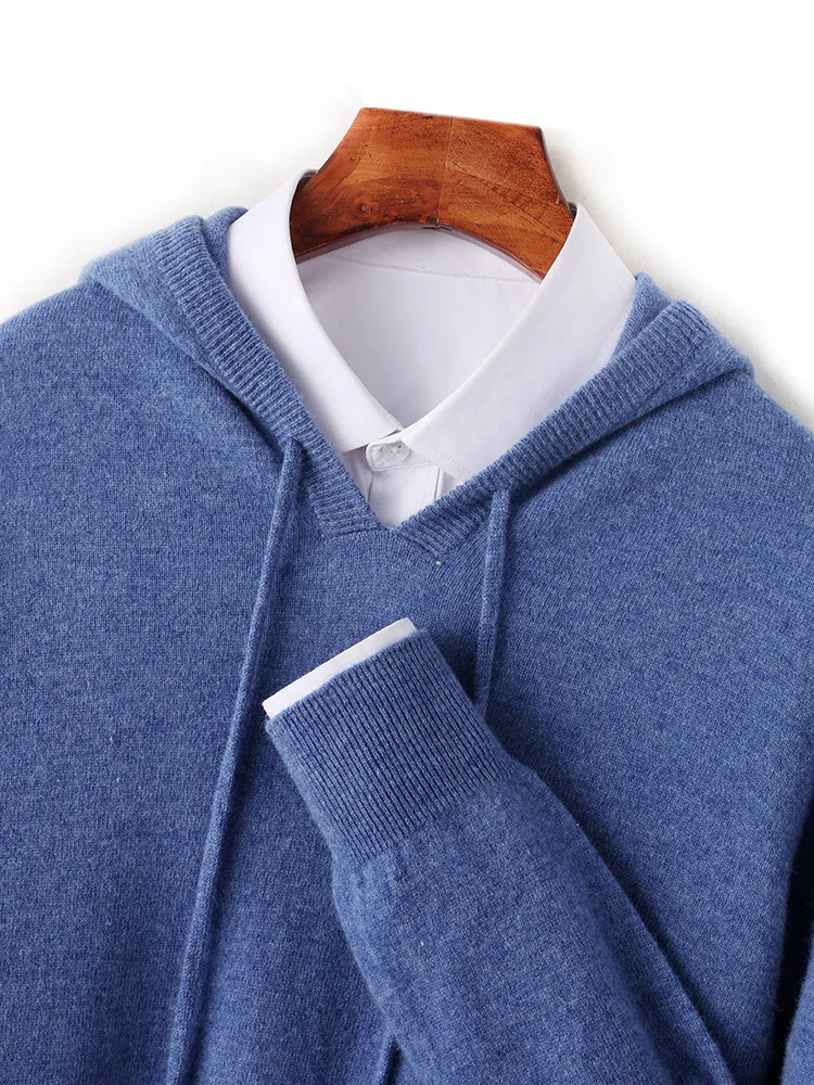 Men's 100% Wool Hooded Collar Knitted Pullover Autumn Winter New Cashmere Sweater Casual long Sleeved Hoodie Tops 4