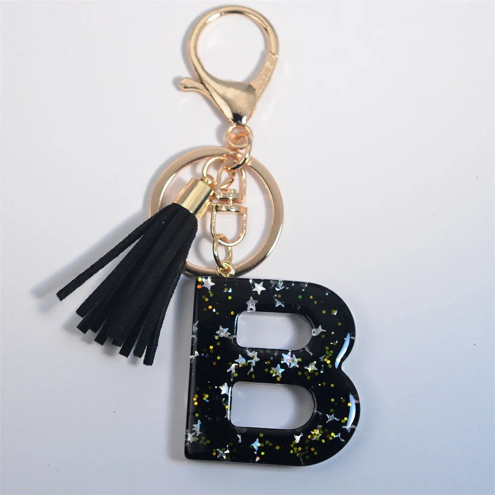 thumbnail image 2 of White Stone Filled Resin Letter Keychain A-Z 26 Initials Name With Key Holder Tassel Heart Pendant Girls Handbag Backpack Decor 2 of 11