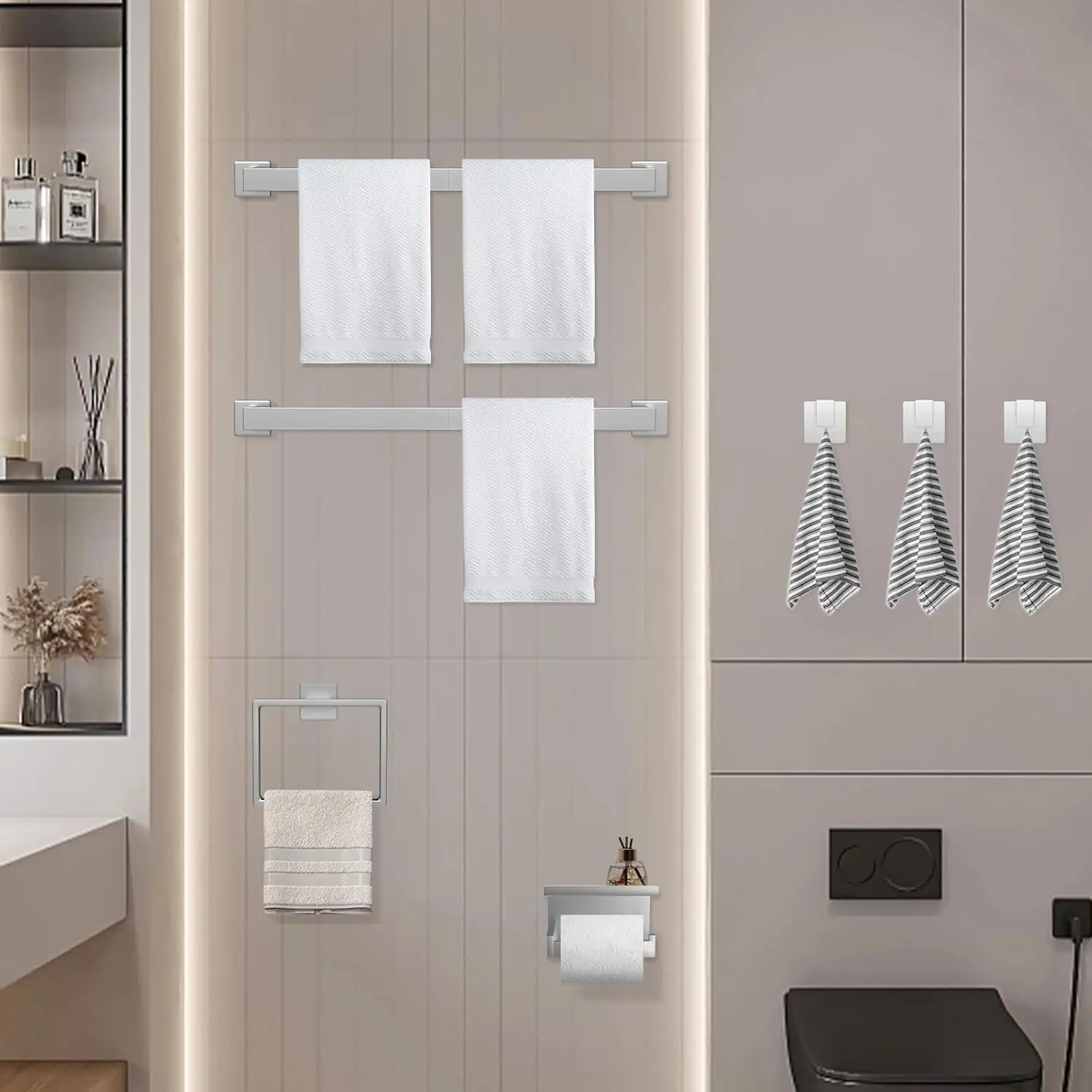 7-Piece Bathroom Set. Brushed Nickel. 23" Towel Bars, Rack, Stainless Steel Accessories. Wall-Mounted.