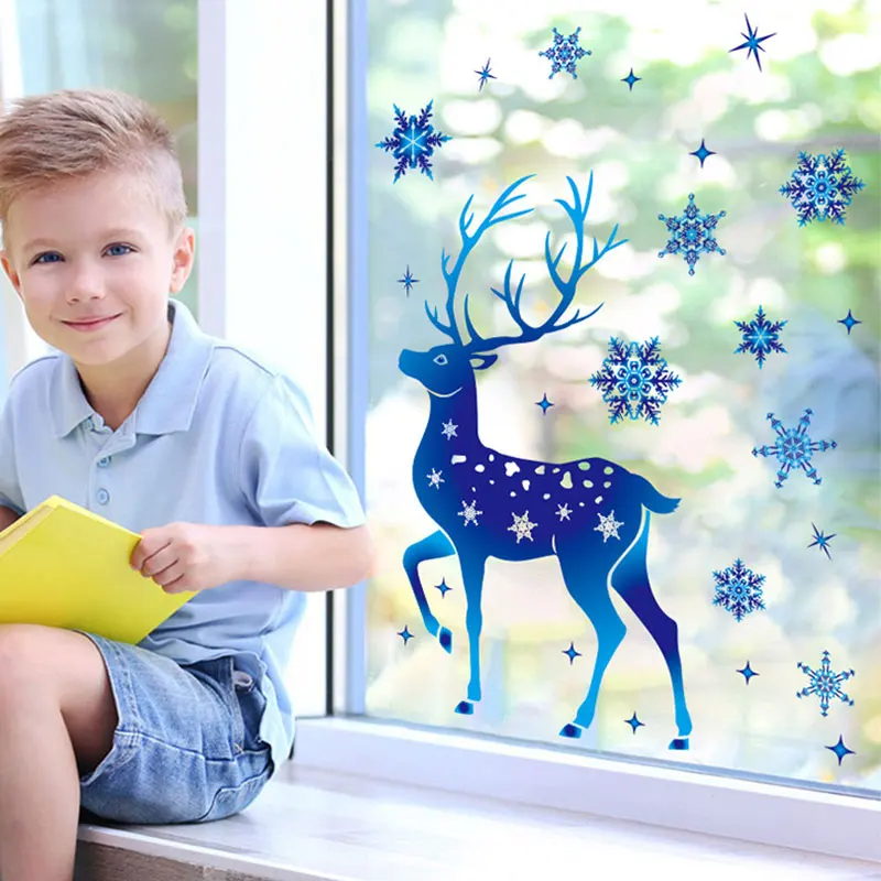 2025 Christmas Room Wall Window Decal Store Window Glass Stickers Elk Snow Wall Decals Christmas Decorations Xmas Party Supplies
