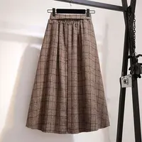 Khaki Plaid Vintage A-line High Waist Lace Up Buttons Loose Women's Skirt Mid-Calf Long Skirts For Women Clothing Fashion 2024 - Image 2