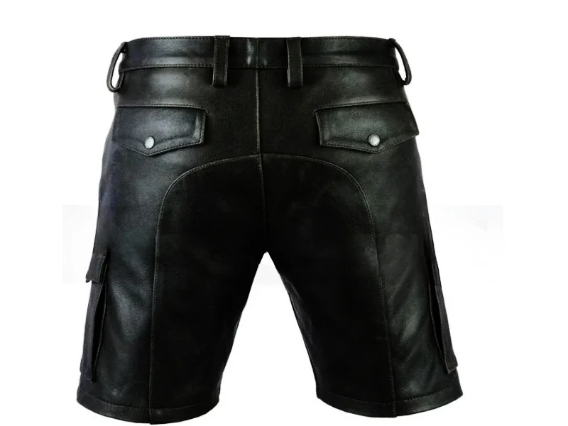 2023 Men's Real Cowhide Leather Cargo Shorts Black Cargo Pockets Shorts With Belt men shorts