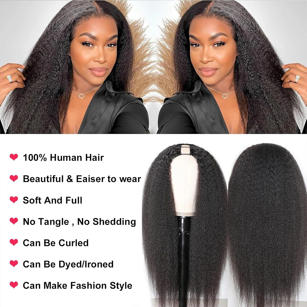 Human Hair Wig 24-34Inch Beginner Friendly V Part Wig Human Hair Kinky Straight No Leave Out 100% For Women Daily Use