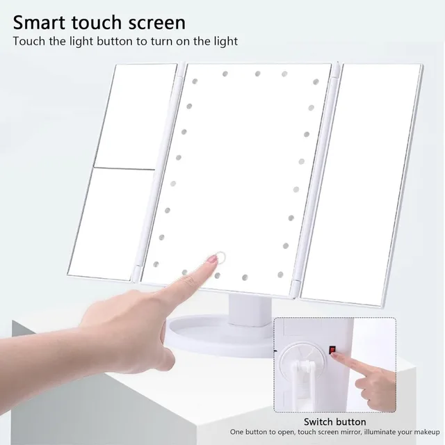 Miroir de maquillage de vanité LED avec commande tactile, éclairage réglable 1X, 2X, grossissement 3X, conception à trois volets, cadeau idéal pour les femmes 3
