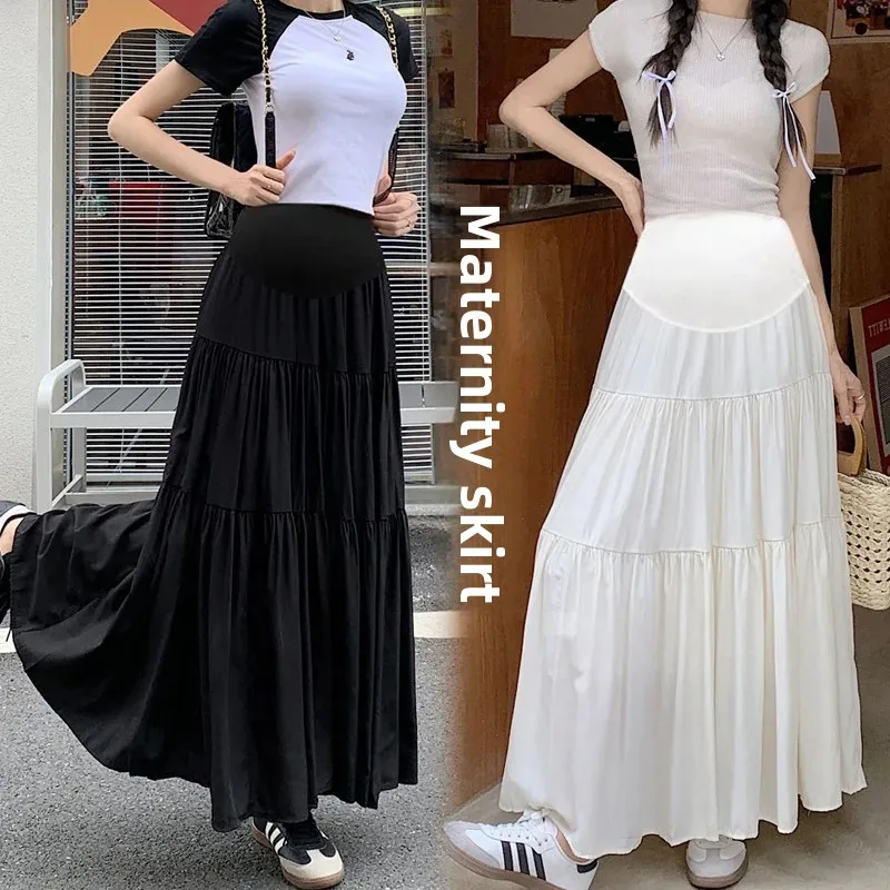 Maternity High Waist Slimming Skirt Spring Fashion Outfit Korean Splice Half Skirt Belly Support Draping A- Line Long