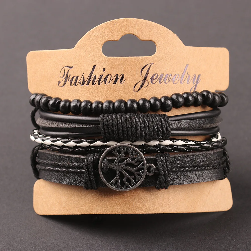 Tree of Life Alloy Accessories Four Combination Set Leather Men's Bracelet Leather Bangle Wooden Beads Hand-woven Leather Ornament