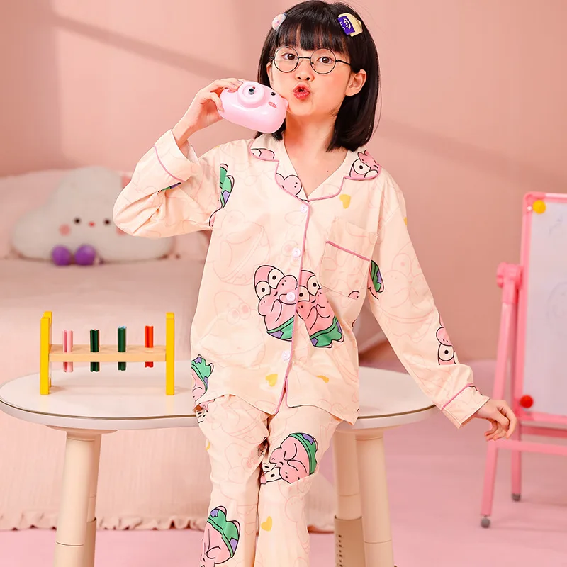 Boys' Pajamas Spring and Autumn Boys 2024 New Cotton Imitation Children's Thin Long Sleeve Home Clothes Big Boy Loungewear 2