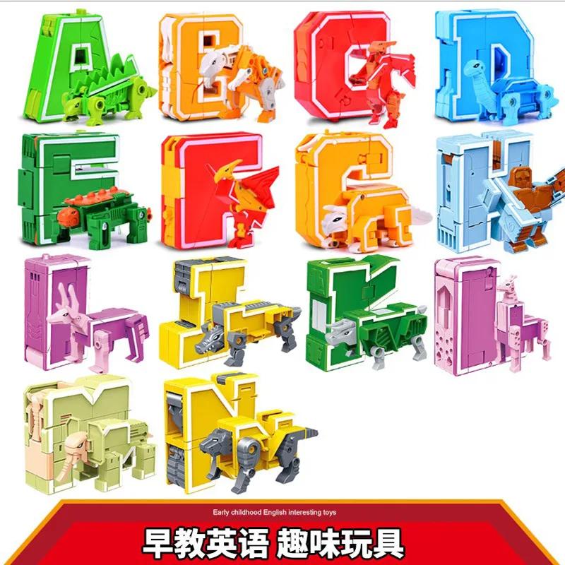 Educational Learning Toy Alphabet Educational Toys 26 GUDI English Letter Learn A-Z Alphabet Transformation Robot Dinosaur Deformation Animal Action Figures Building Block Toys
