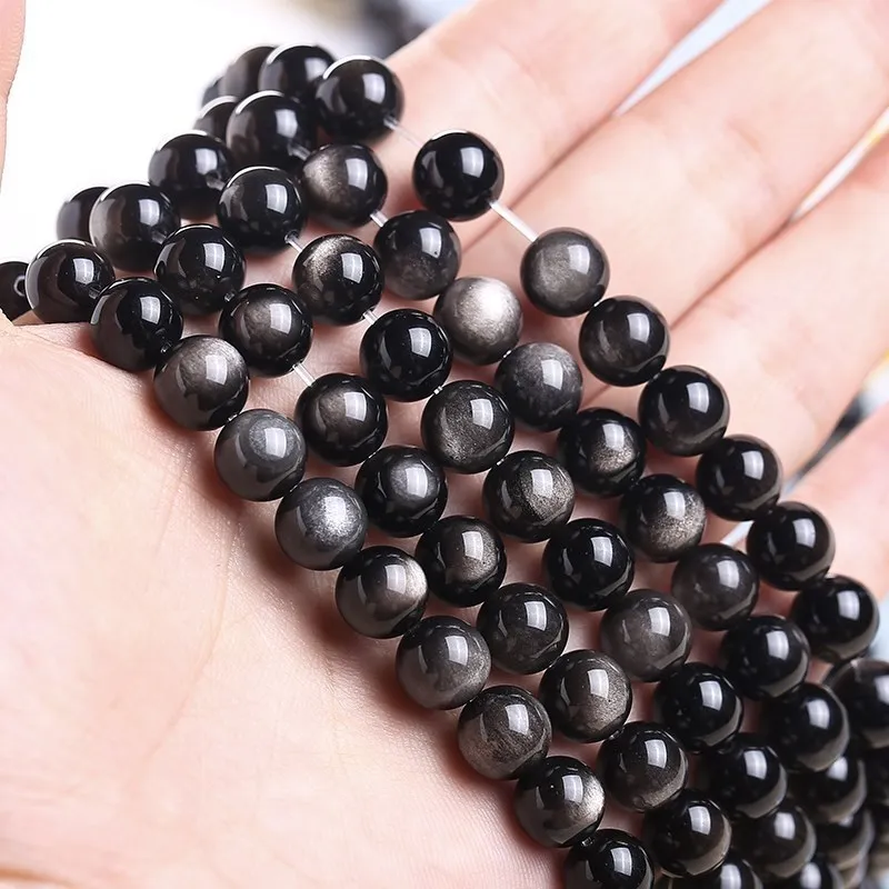 Beads Charms Bead Jewelry Making Charm Bead Loose Gemstone Beads Beads Jewelry Loose Beads Loose Gemstone Jewelry Natural Stone Silver Obsidian Round Loose Strand Beads 4 6 8 10 12 14mm Pick Size For Jewelry Making Diy Necklace Accessories