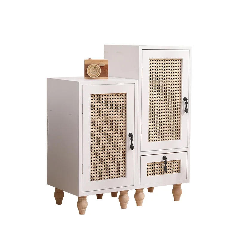 Solid Wood Rattan Woven Storage Cabinet Modern Bedside Table Multi-functional Sofa Cabinet, Bedroom with Drawers, Home Furnitu