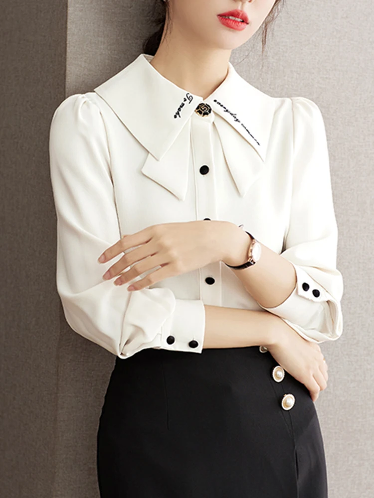Solid Color Casual Women Blouses French Retro Loose Button Up Long Sleeve Lady Shirts Tops Basic Lapels Shirt
