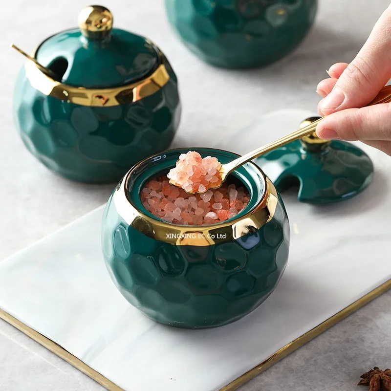 Creative Seasoning Jar Sugar Bowl Green Gold Edge Glass Jar Ceramic Pepper Chili Box Household Seasoning Box Kitchen Supplies ceramic storage jar spice storage box