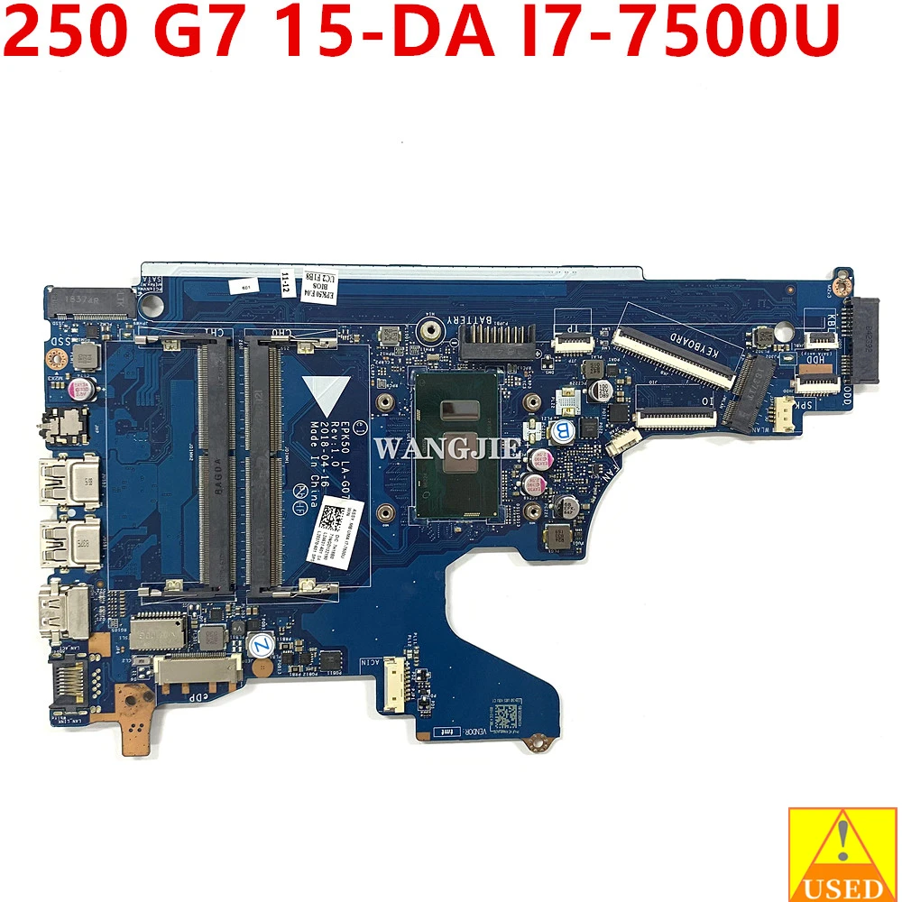 

Used L20370-601 L20370-001 For HP Pavilion 250 G7 15-DA Laptop Motherboard EPK50 LA-G07DP SR341 I7-7500U SR3TK I3-7020U Tested