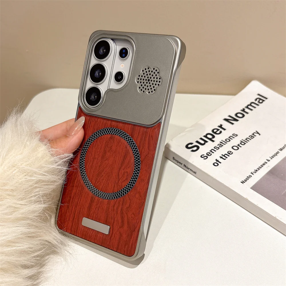 Wood Grain Leather Frameless Magnetic Phone Case with Plating Cover
