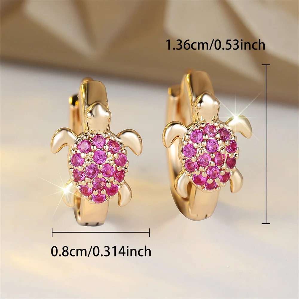 Cute Sea Turtle Rose Red Zircon Hoop Earrings For Women Vintage Gold Color Small Ear Buckle Wedding Jewelry Mother's Day Gifts