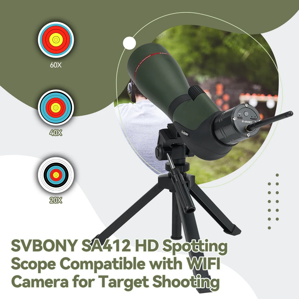 SVBONY SA412 Spotting Scope 20-60X80 HD FMC With SC001 WIFI Camera Upgraded Adjustable Desktop Tripod For Middle-range Shooting
