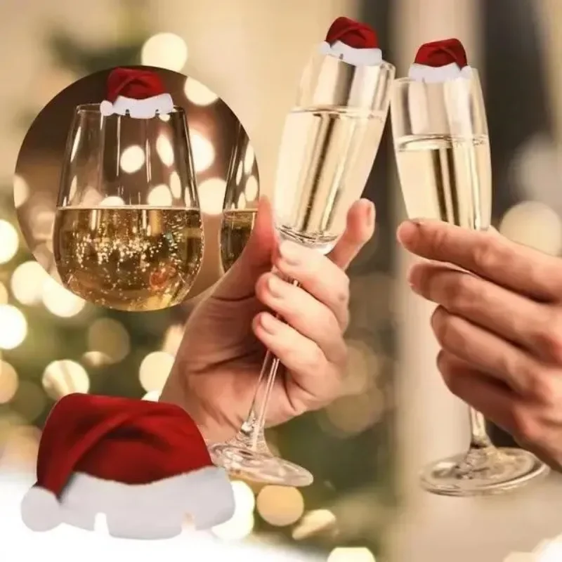 

10PCS New Christmas Decorations Wine Glass Hats Card Champagne Red Wine Christmas Hat Card Decoration Party Holiday Decorations