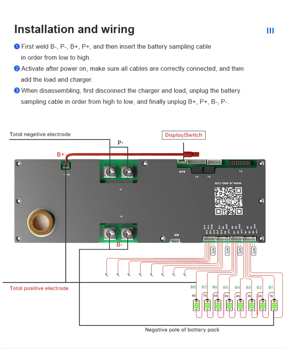 JKBMS JK-PB2A16S20P LiFePo4 Li-Ion LTO Battery 24V 48V 8S/16S 200A Household Ene