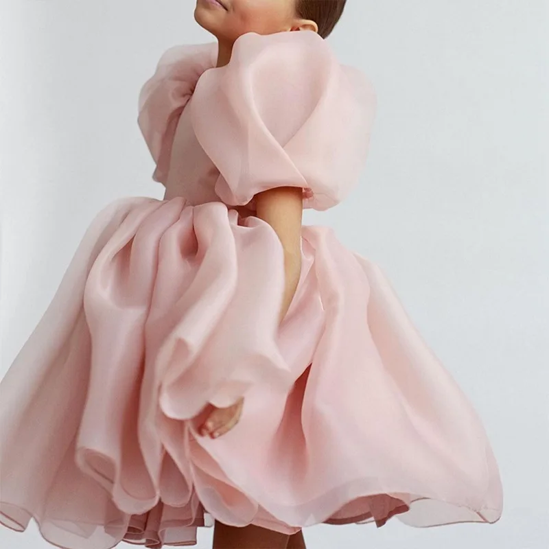 Fashion Girl Princess Vintage Dress Tulle Child Vestido Puffy Sleeve Pink Wedding Party Birthday Tutu Dress Child Clothes 1-14 flower girl dresses