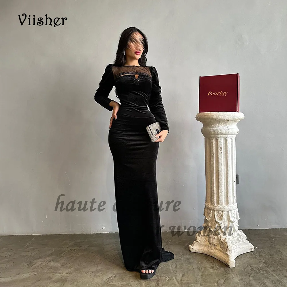 

Black Velvet Mermaid Evening Dresses Long Sleeve O Neck Beaded Velour Formal Prom Dress Floor Length Arabian Dubai Evening Gowns