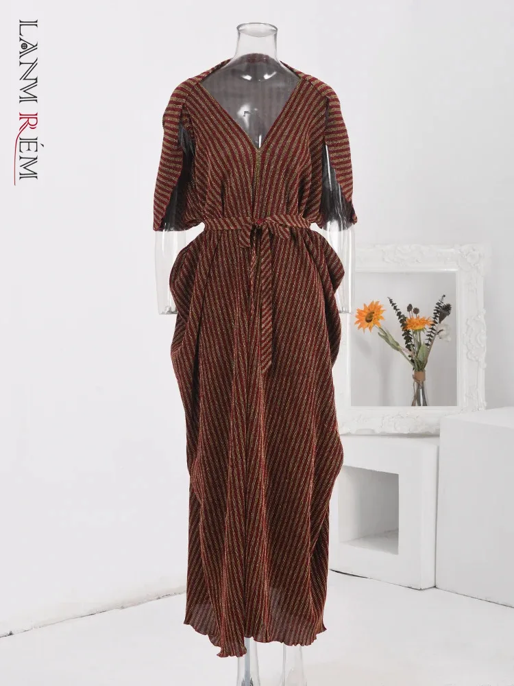 

LANMREM Summer New Sequins Striped Pleated Long Dress Women Belt Gathered Waist Fashion Dresses Elegant Party 2024 New 32C439