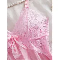Un ensemble rose mignon femmes doux chemise de nuit et culotte Pijamas costume sans manches licou chemise de nuit ensembles courts col en v soutien-gorge string Kit de luxe 3