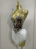 2025 New Sexy Sparkly Rhinestones Leopard Print Tassel Bodysuit Women Evening Party Birthday Nightclub Performance Stage Costume - Image 2